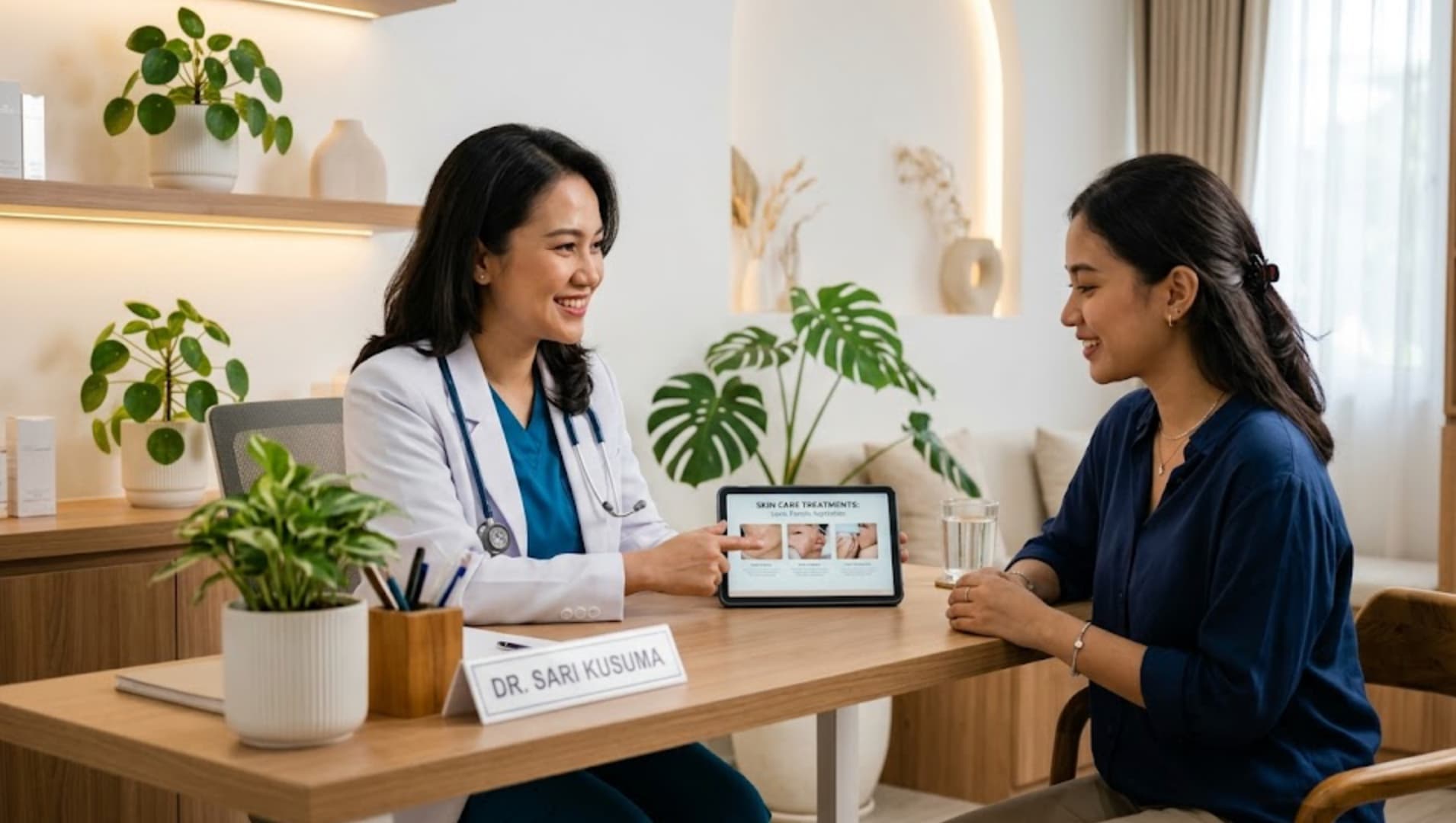 Dokter klinik kecantikan berkonsultasi dengan pasien — nambahin pilot project