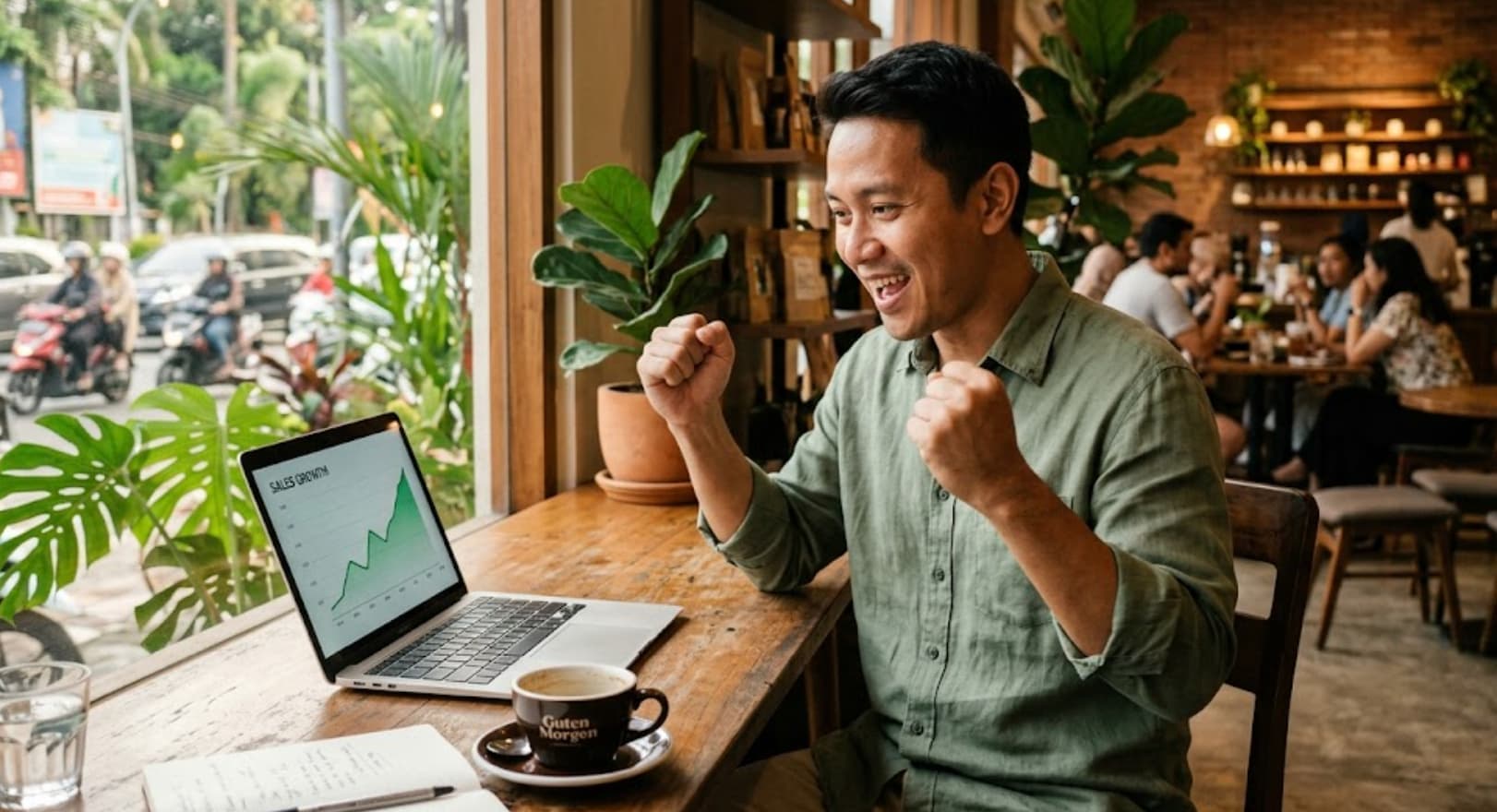 Pemilik bisnis merayakan pertumbuhan dari website nambahin