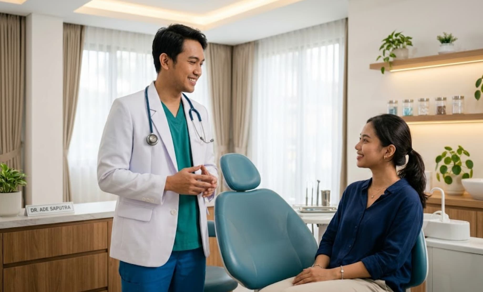 Dokter gigi berkonsultasi dengan pasien — nambahin pilot project
